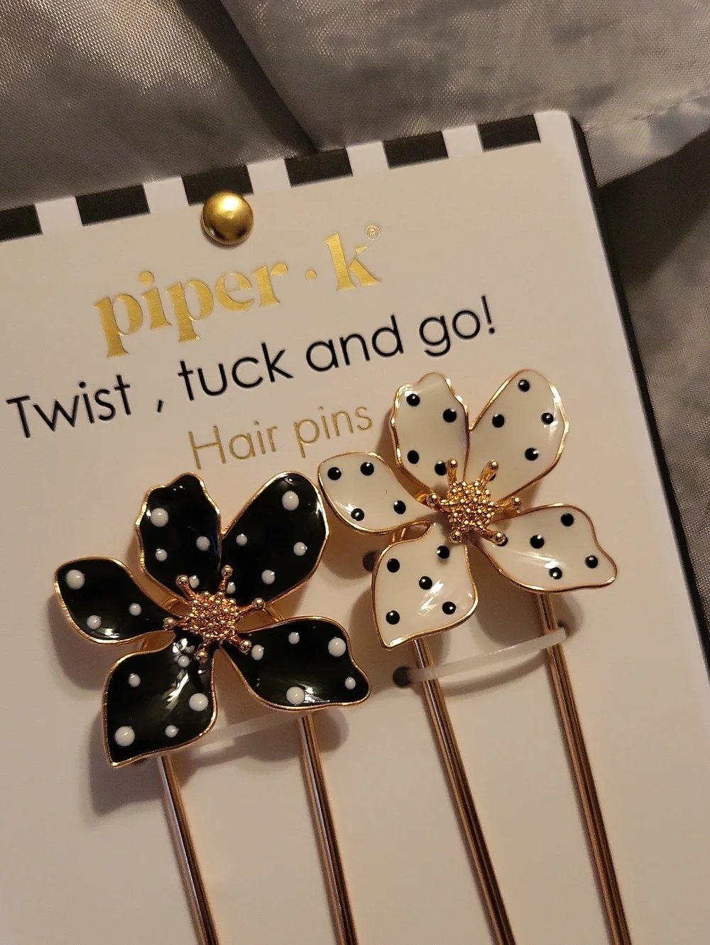 Piper K Polka Dot Flower Hair Pins in Black & White with Gold Stems